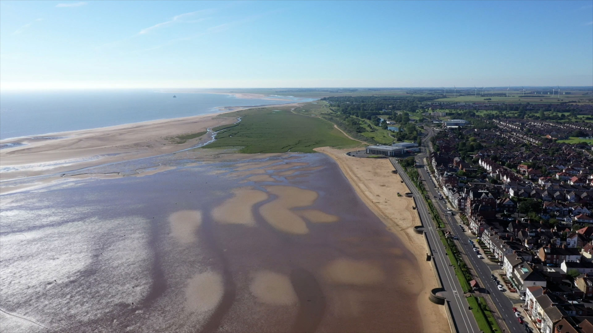 Aerial view of the beach and seafront at Cleethorpes