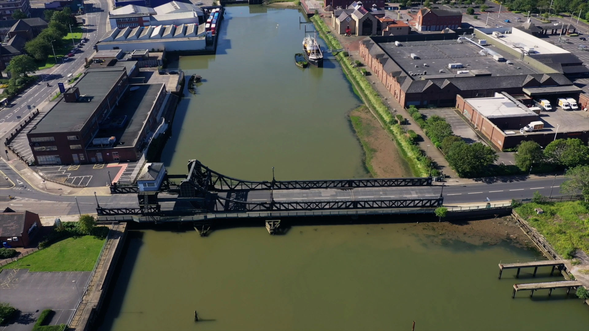 Aerial view of a lifting bridge over the docks in Grimsby
