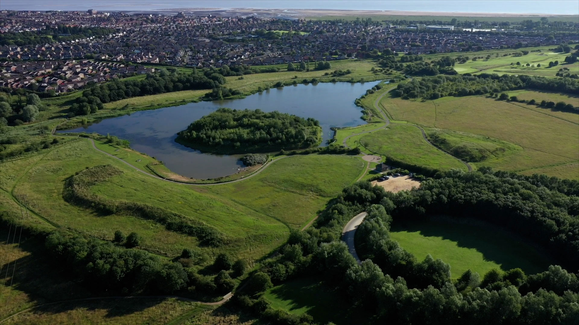 Aerial view of lakes and parkland in North East Lincolnshire